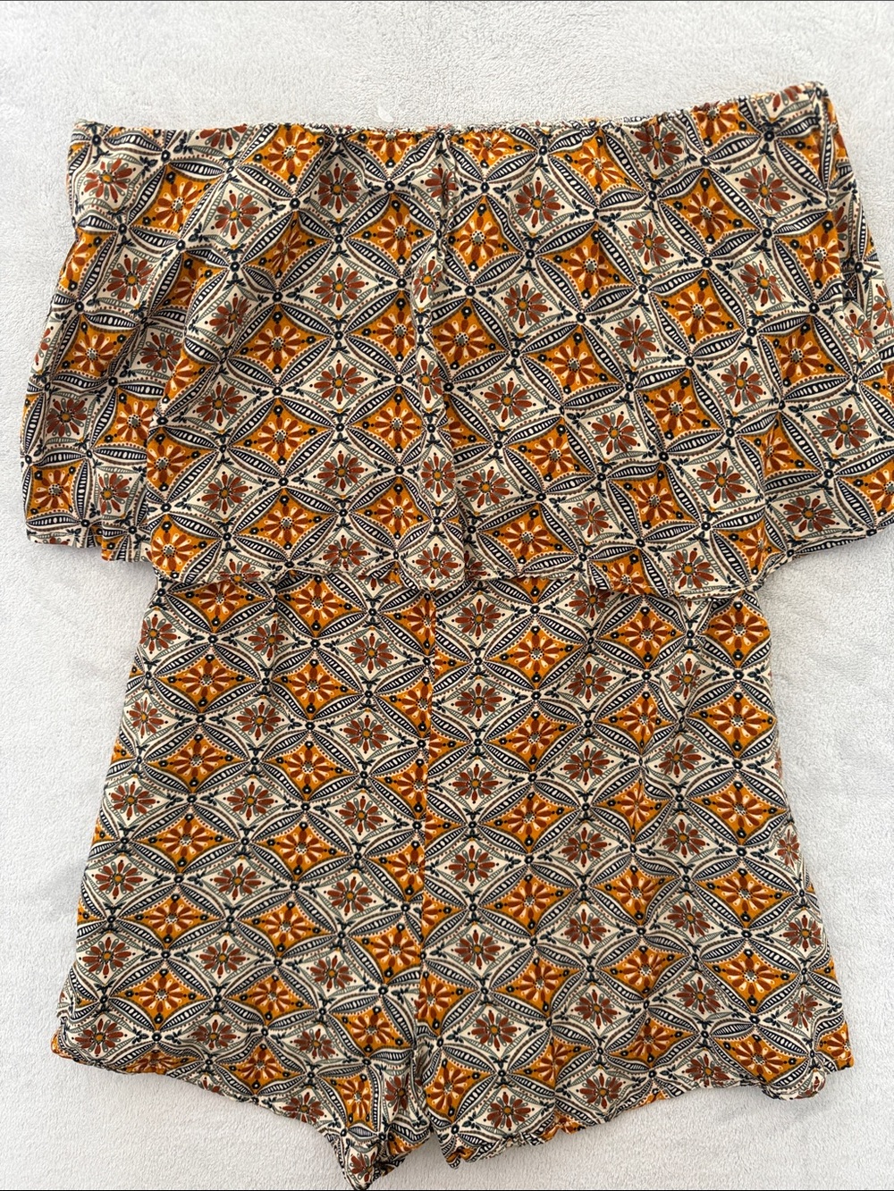 Floral Tile Print  in Mustard and Cream short romper